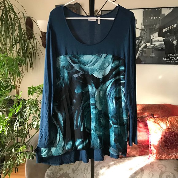 LOGO Lori Goldstein Teal Blue Jersey Print Tunic